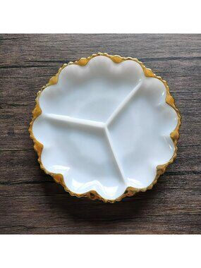 Vintage Fire King Anchor Hocking White Milk Glass Divided Dish, Gold Trim